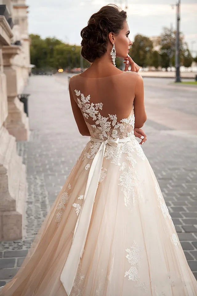 Transparent Champagne Bride with Removable Pearl Belt Sleeveless Bare Back Lace2023 Series wedding dress-payinti