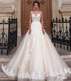 Transparent Champagne Bride with Removable Pearl Belt Sleeveless Bare Back Lace2023 Series wedding dress-payinti
