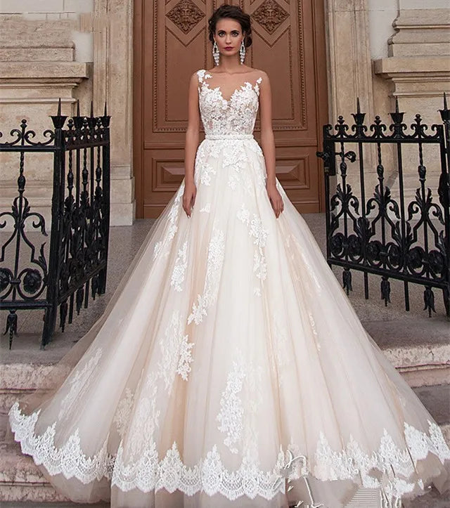 Transparent Champagne Bride with Removable Pearl Belt Sleeveless Bare Back Lace2023 Series wedding dress-payinti