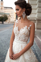 Transparent Champagne Bride with Removable Pearl Belt Sleeveless Bare Back Lace2023 Series wedding dress-payinti