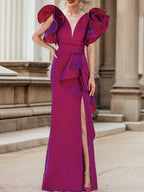 Vestidos de madre de la novia con corte trompeta/sirena, escote en V y largo hasta el suelo