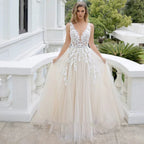 Tulle Appliques Wedding Dresses For Women 2023 Bride Deep V Neck A Line Court Train Backless Customised Robe De Mariée Vestidos-payinti