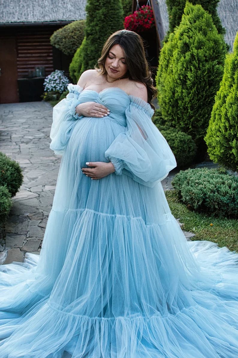 Vestido de maternidad de tul azul para sesión de fotos SY003 