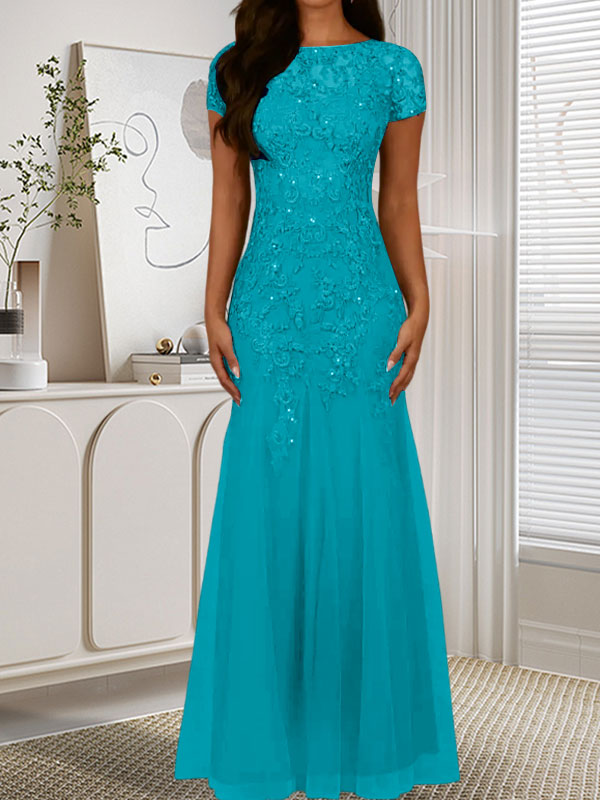 Vestido de tul con lentejuelas y escote redondo de sirena en azul marino oscuro