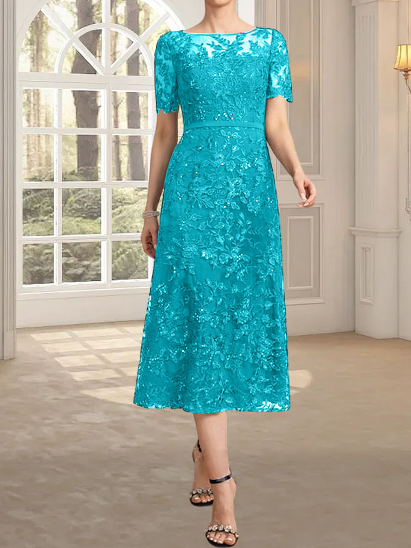 Vestido de madre de la novia de encaje con lentejuelas, corte A, escote ilusión y largo hasta la rodilla