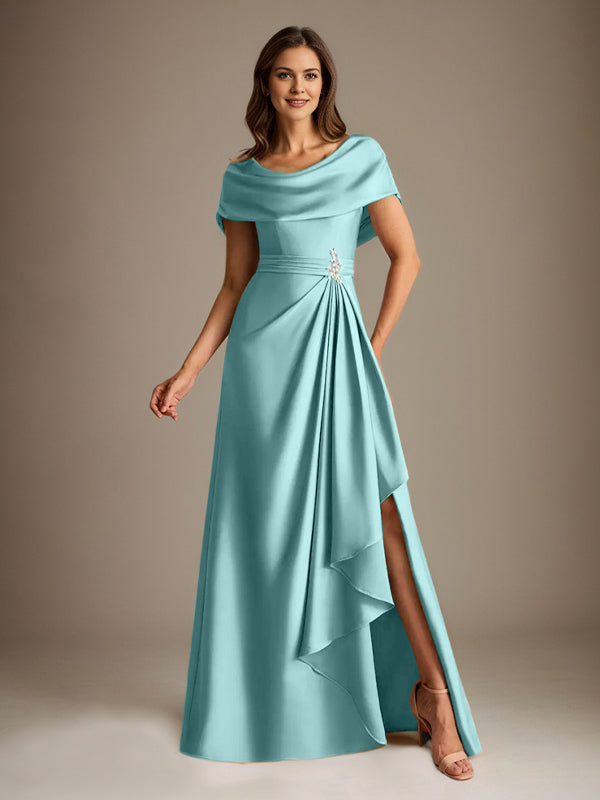 Vestido de madre de la novia de satén elástico, corte A, largo hasta el suelo, con escote redondo y volantes en cascada