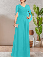 Vestido largo azul marino oscuro con escote en V y corte A para madre de la novia