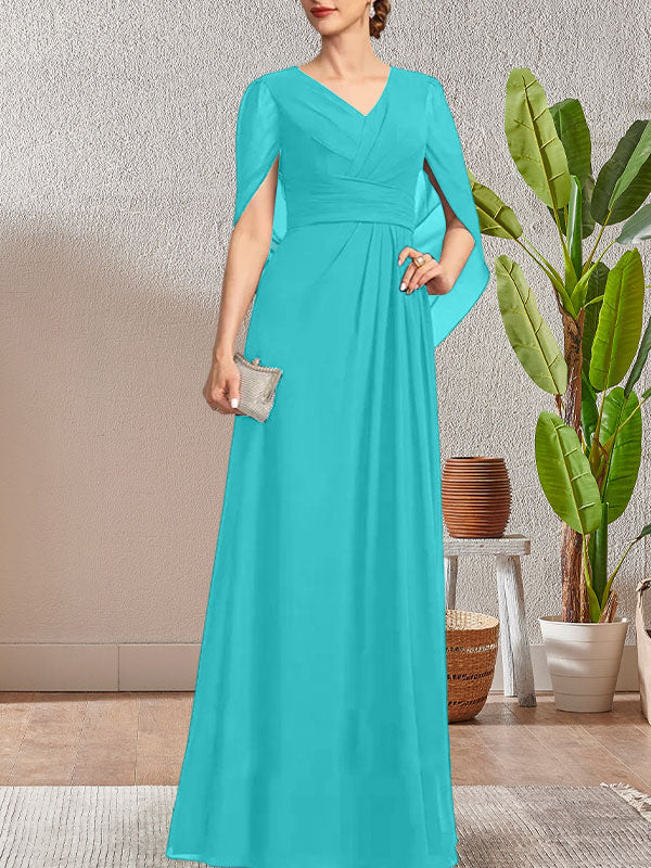 Vestido largo azul marino oscuro con escote en V y corte A para madre de la novia