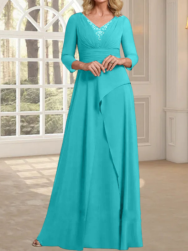 Vestido de gasa para madre de la novia con escote en V, largo hasta el suelo, con pliegues y cuentas