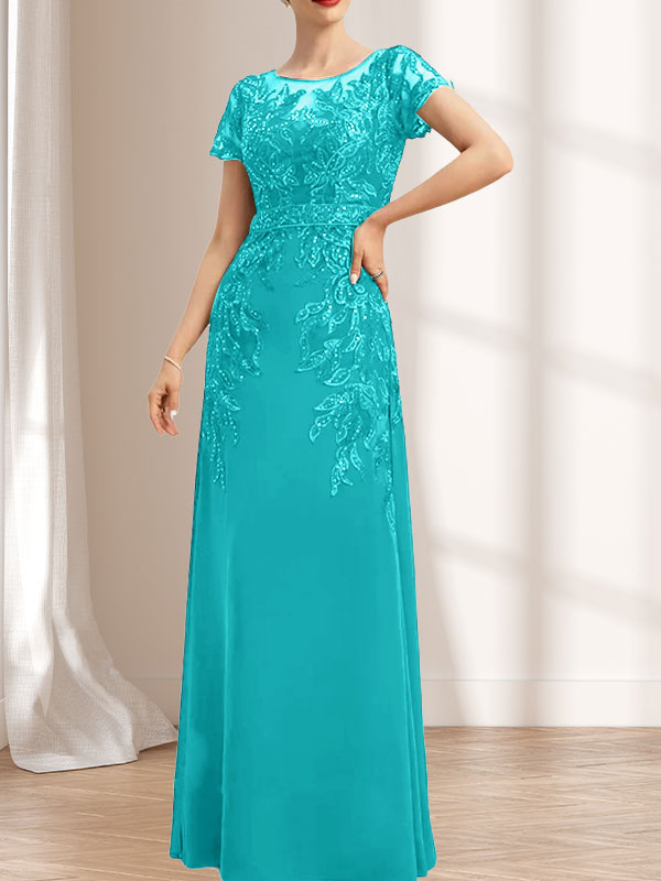 Vestido de madre de la novia de gasa con encaje, escote redondo, ilusión, largo hasta el suelo, con lentejuelas