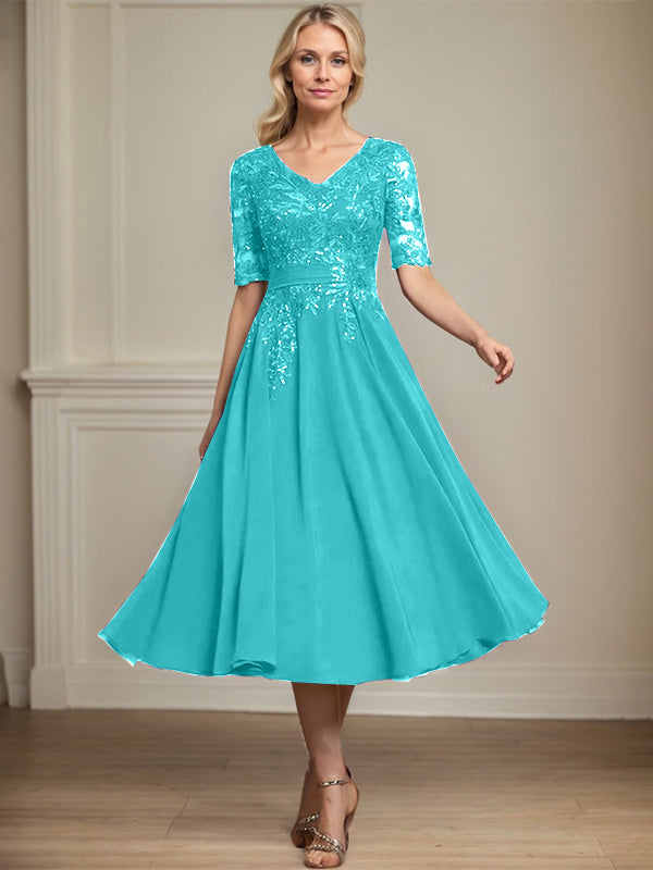 Vestido de gasa con encaje y lentejuelas para madre de la novia, corte A, escote en V y largo hasta la rodilla