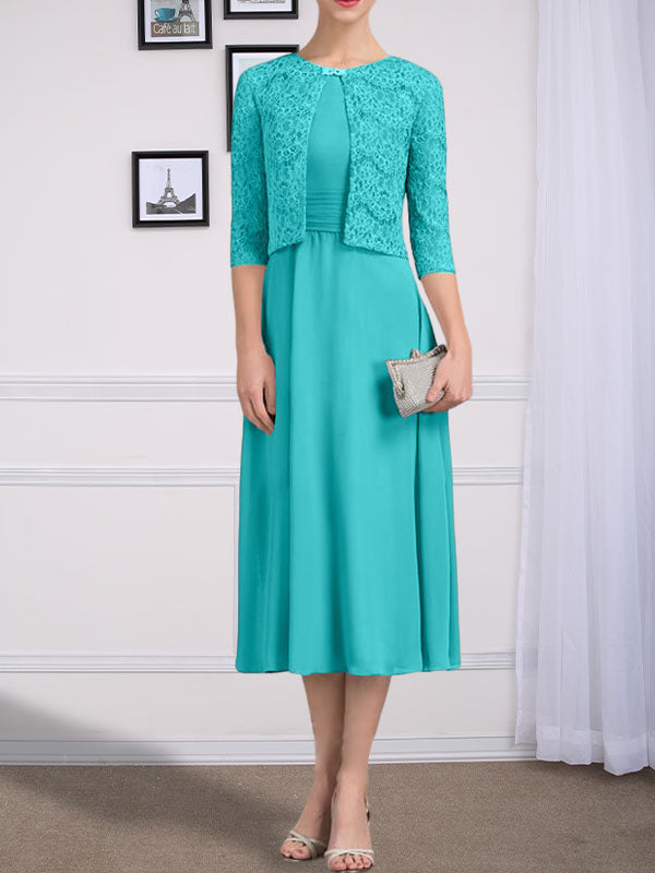 Vestido de gasa para madre de la novia con corte en A, escote redondo y largo hasta la rodilla con pliegues