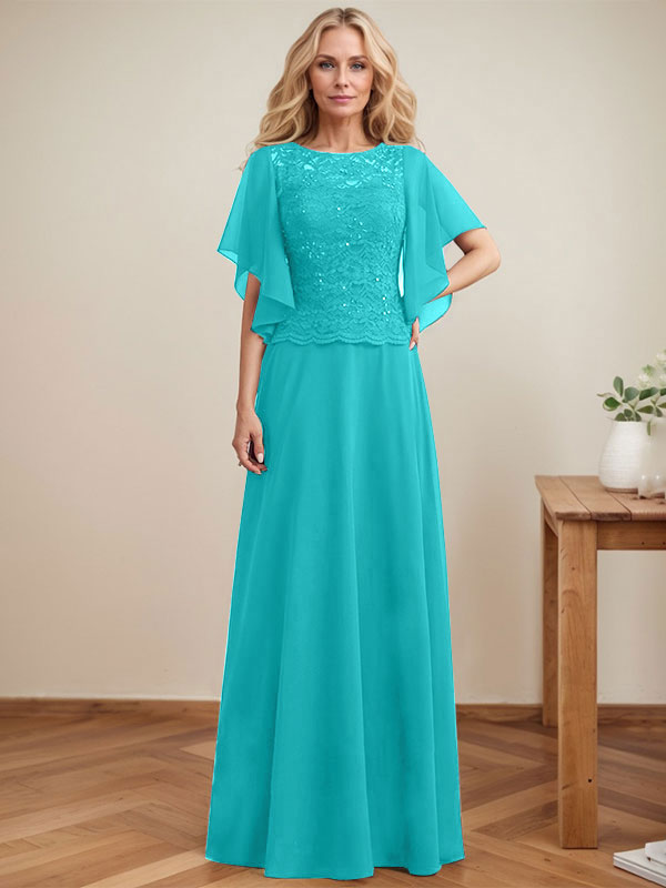 Vestido de gasa con encaje y lentejuelas para madre de la novia, corte A, escote ilusión, largo hasta el suelo