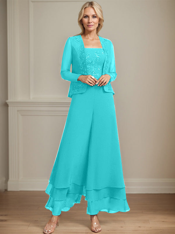Separates Jumpsuit/Hosenanzug Quadratisches Knöchellanges Spitzenchiffonkleid für die Brautmutter mit Pailletten 