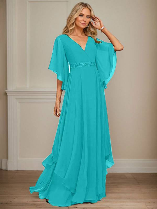 Vestido de gasa para madre de la novia, corte A, escote en V, largo hasta el suelo, con apliques de lentejuelas, encaje y abalorios