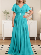 Vestido de gasa para madre de la novia, corte A, escote en V, largo hasta el suelo, con broche de cristal y plisado