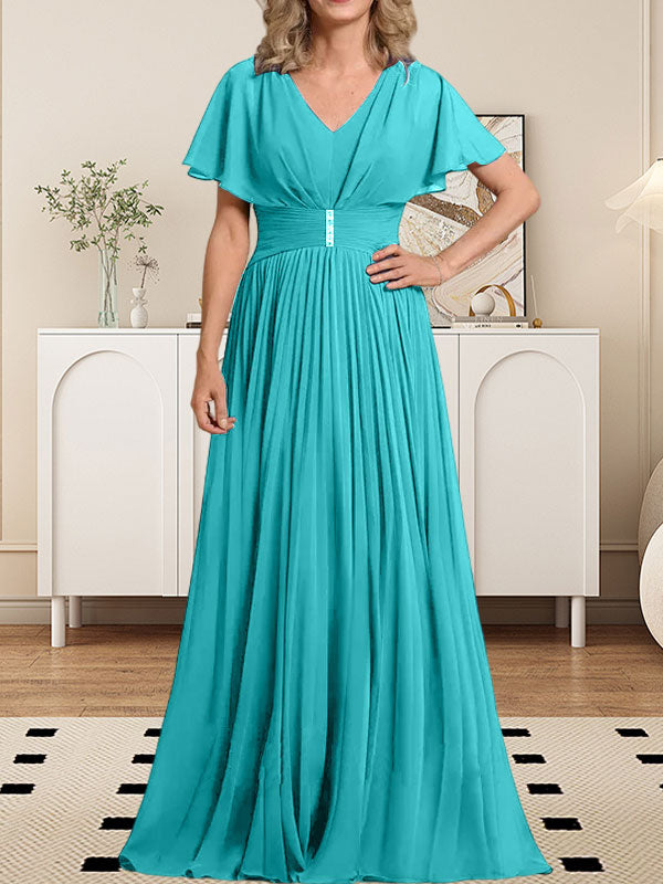 Vestido de gasa para madre de la novia, corte A, escote en V, largo hasta el suelo, con broche de cristal y plisado