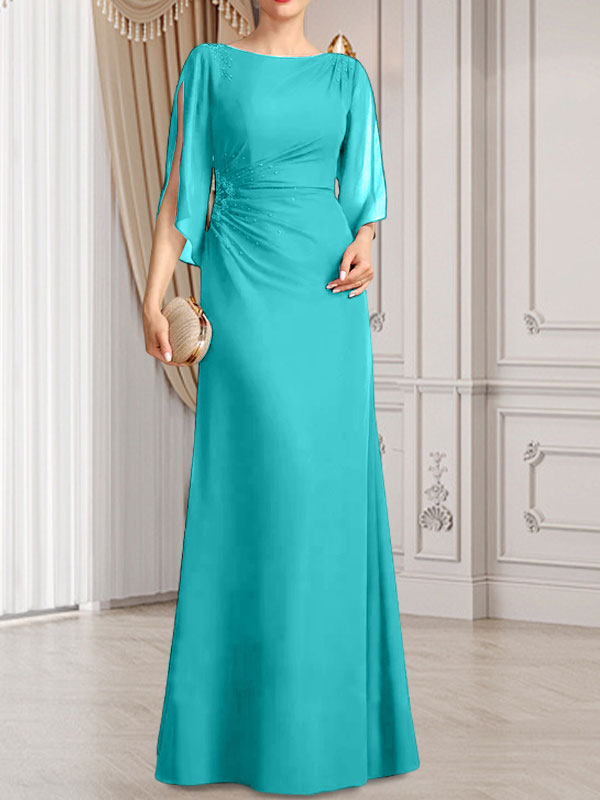 Vestido de gasa para madre de la novia con corte tubo/columna, escote redondo y largo hasta el suelo, con cuentas plisadas