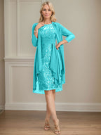 Vestido de madre de la novia de gasa con encaje, escote redondo, ilusión, largo hasta la rodilla, con volantes en cascada y lentejuelas