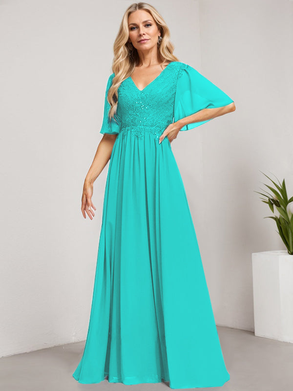 Vestido de madre de la novia de gasa con encaje, escote en V y lentejuelas, largo hasta el suelo