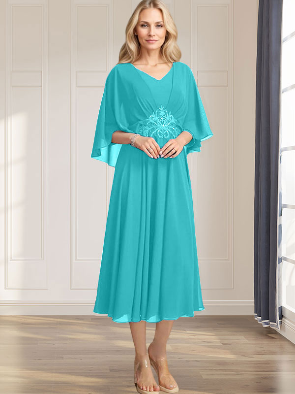 A-Linie V-Ausschnitt Wadenlanges Chiffonkleid für die Brautmutter mit plissierten Paillettenapplikationen Spitzenbesatz 