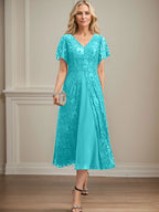 A-Linie V-Ausschnitt Wadenlanges Chiffon-Kleid für die Brautmutter 