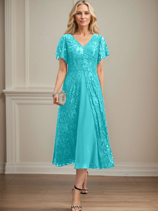 Vestido de gasa con encaje y escote en V para madre de la novia, largo hasta la rodilla