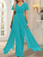 Vestido de noche de gasa con escote en V y largo hasta el suelo, tipo mono/pantalón