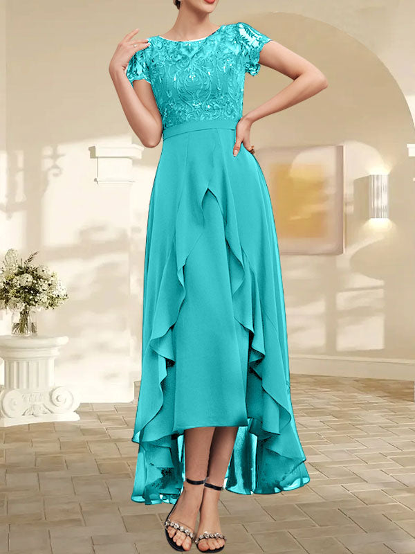 Vestido de madre de la novia de gasa asimétrica con escote en A, ilusión, encaje, lazo, volante y lentejuelas