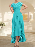 Vestido de madre de la novia de gasa asimétrica con escote en A, ilusión, encaje, lazo, volante y lentejuelas