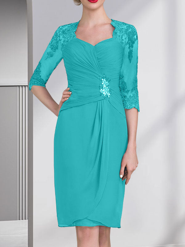 Vestido de gasa para madre de la novia con escote corazón, largo hasta la rodilla, con apliques de cuentas, encaje y lentejuelas plisado.