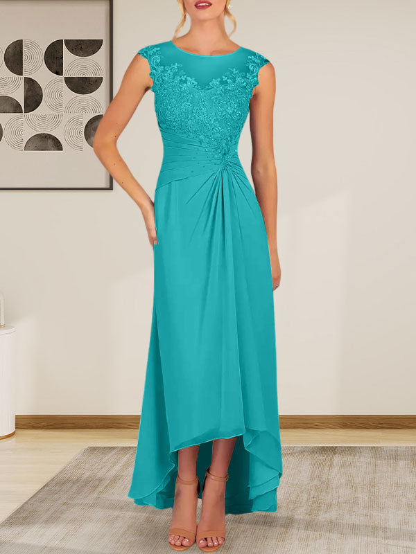 Vestido de gasa con encaje y escote redondo en forma de A color champán