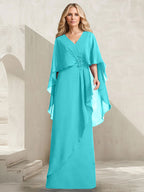 Vestido de gasa para madre de la novia con escote en V, corte A y largo hasta el suelo, con volantes en cascada y cuentas