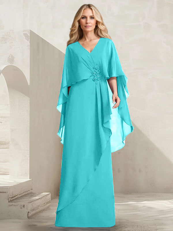 Vestido de gasa para madre de la novia con escote en V, corte A y largo hasta el suelo, con volantes en cascada y cuentas