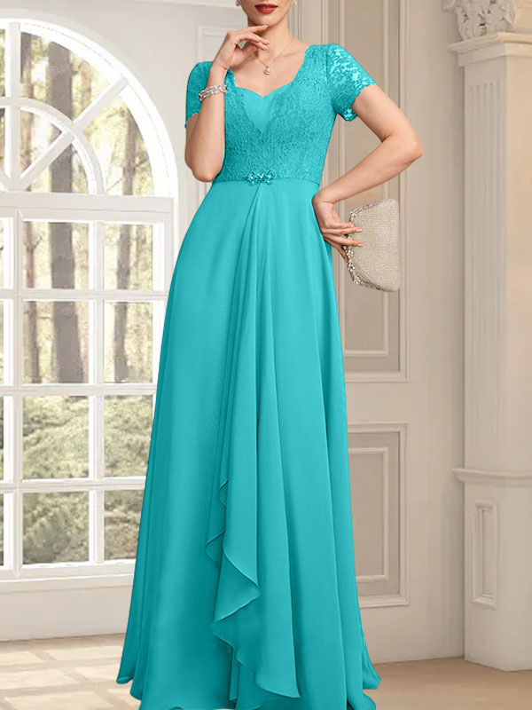 Vestido de madre de la novia de gasa con encaje, corte en A, escote corazón, largo hasta el suelo, con volantes en cascada y cuentas