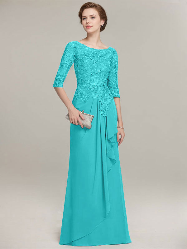 Vestido de gasa con encaje, corte A, escote ilusión, largo hasta el suelo, para madre de la novia con volantes en cascada