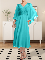 A-Linie V-Ausschnitt Wadenlanges Chiffon-Spitzenkleid für die Brautmutter mit Perlen und Pailletten