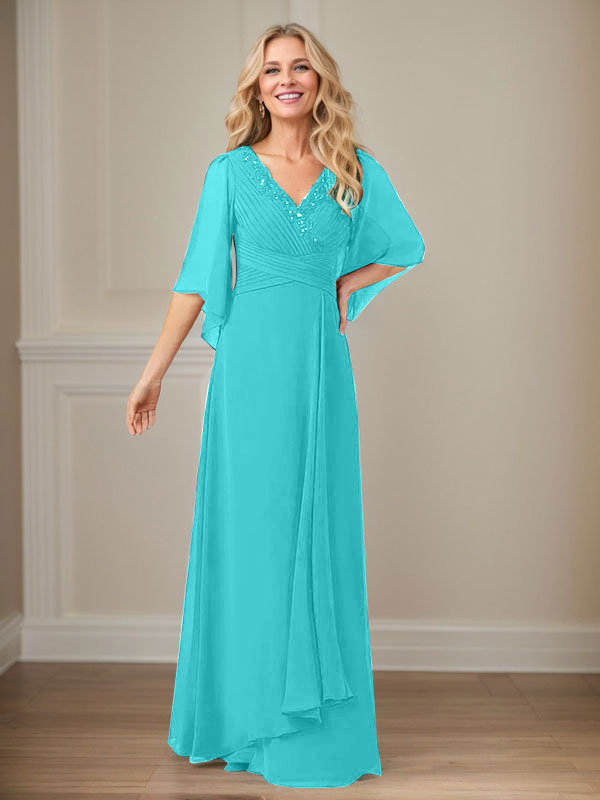 Vestido largo de gasa con lentejuelas y escote en V en forma de A para madre