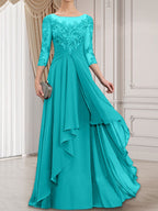 Vestido de gasa con encaje, corte A, escote ilusión, largo hasta el suelo, para madre de la novia con volantes en cascada