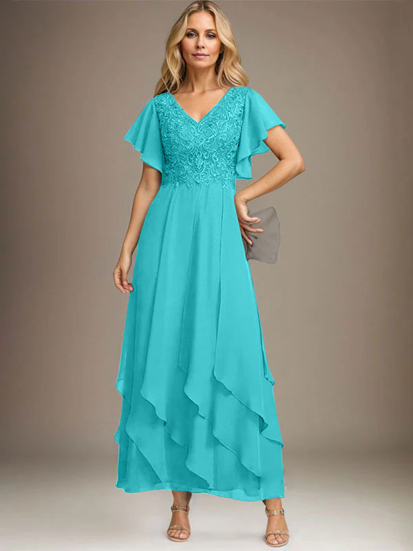 Vestido de gasa con encaje y escote en V hasta los tobillos para madre de la novia con volantes en cascada