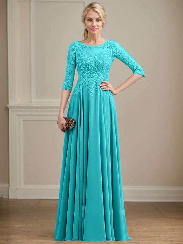 Vestido de gasa con encaje y lentejuelas para madre de la novia, corte A, escote ilusión, largo hasta el suelo