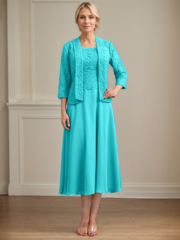 Vestido de gasa con encaje y escote redondo hasta la rodilla para madre de la novia