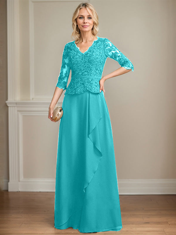 Vestido de madre de la novia de gasa con encaje, escote en V, largo hasta el suelo, con volantes en cascada y lentejuelas