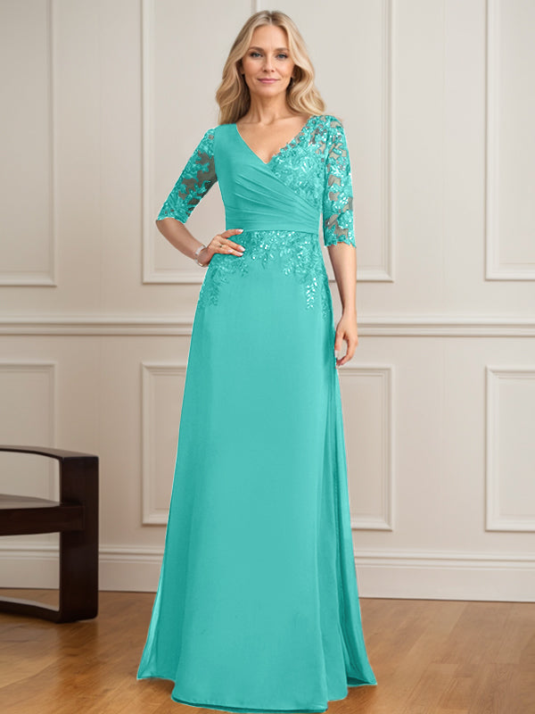 Vestido de madre de la novia de gasa con encaje, escote en V y lentejuelas plisadas hasta el suelo