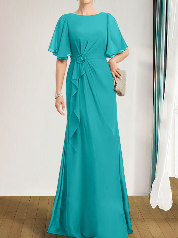 Vestido de gasa para madre de la novia, corte A, escote redondo, largo hasta el suelo, con volantes en cascada, cuentas y lentejuelas