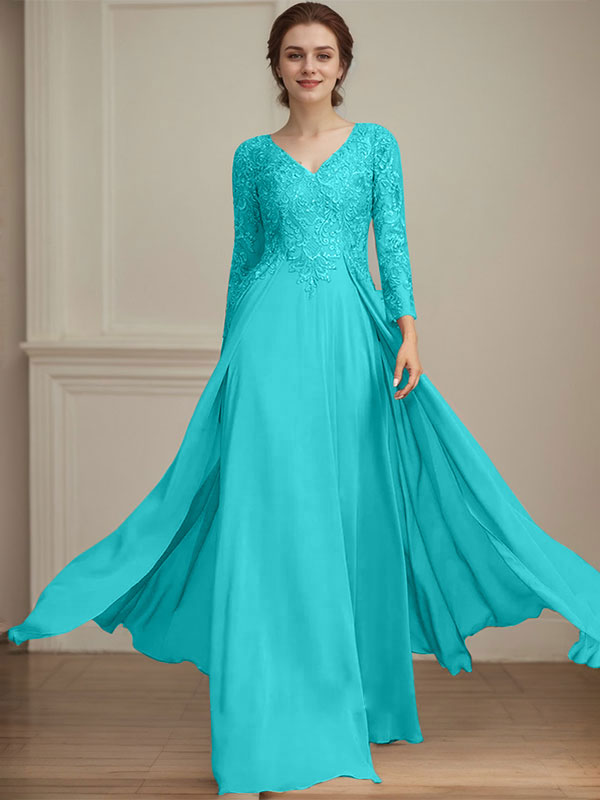 Vestido de madre de la novia de gasa con encaje, escote en V y lentejuelas, largo hasta el suelo