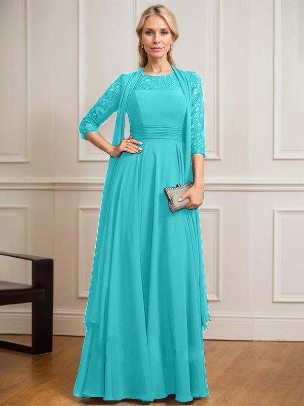 Vestido de gasa de encaje con ilusión de corte A hasta el suelo para madre de la novia con pliegues