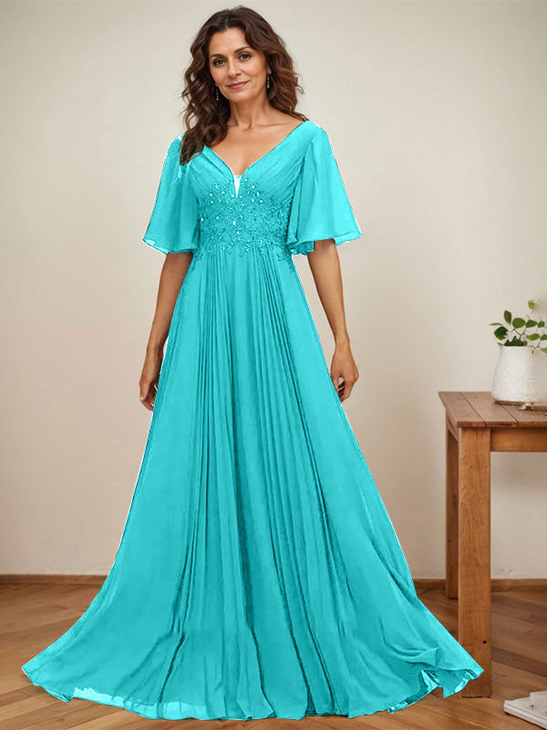 Vestido de gasa para madre de la novia, corte A, escote en V, largo hasta el suelo, con apliques de lentejuelas y encaje plisado