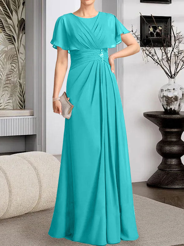 Vestido de gasa para madre de la novia con corte en A, escote redondo y largo hasta el suelo, con cuentas plisadas