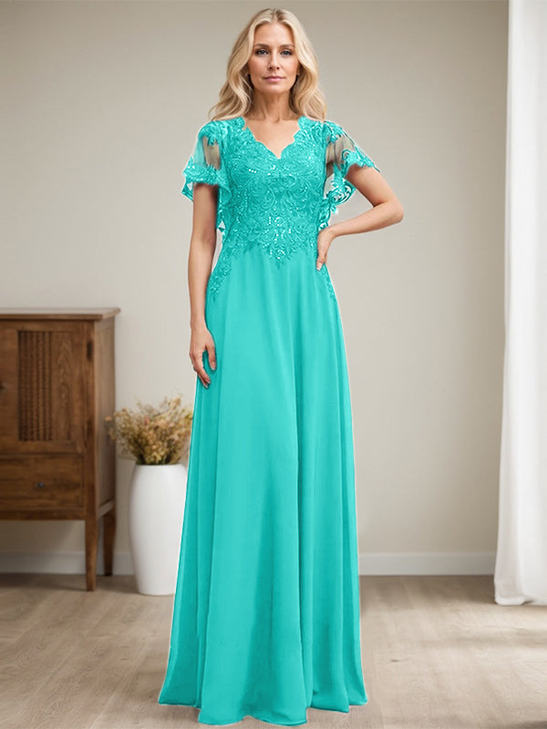 Vestido de madre de la novia de gasa con encaje, escote en V y lentejuelas, largo hasta el suelo